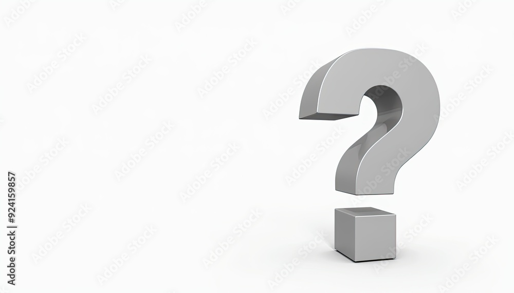 A large gray metallic question mark standing upright on a white, minimalist background. A large gray metallic question mark standing upright on a white, minimalist background.
