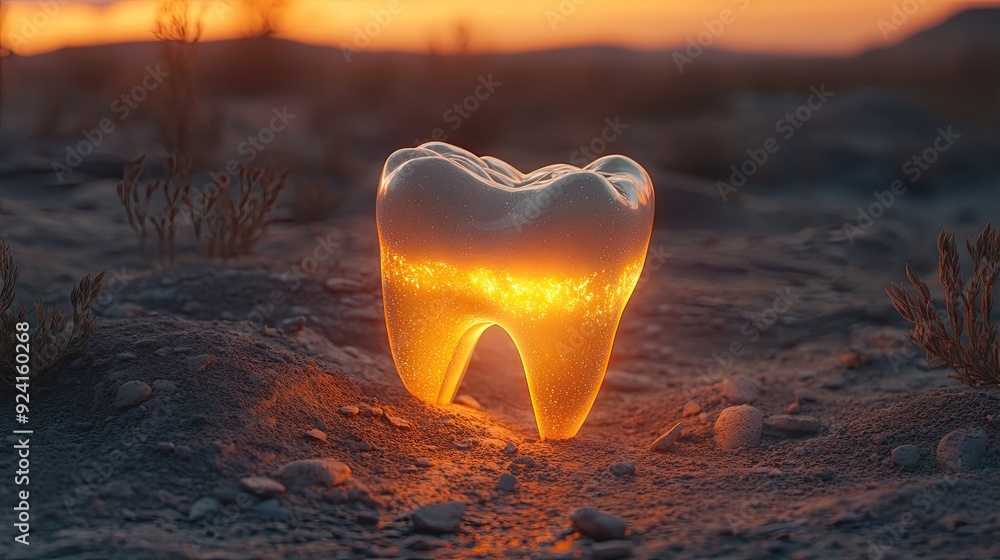 Fototapeta premium A tooth on the ground, sunset light.