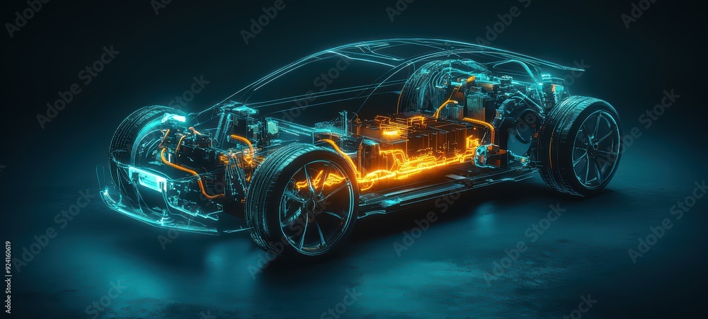 Electric car cross-section with labeled components, including cables, motors, and electrical systems Electric car cross-section with labeled components, including cables, motors, and electrical systems