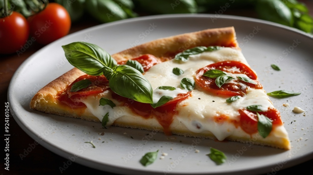 Close-Up of Italian Margherita Pizza Slice with Fresh Basil Close-Up of Italian Margherita Pizza Slice with Fresh Basil