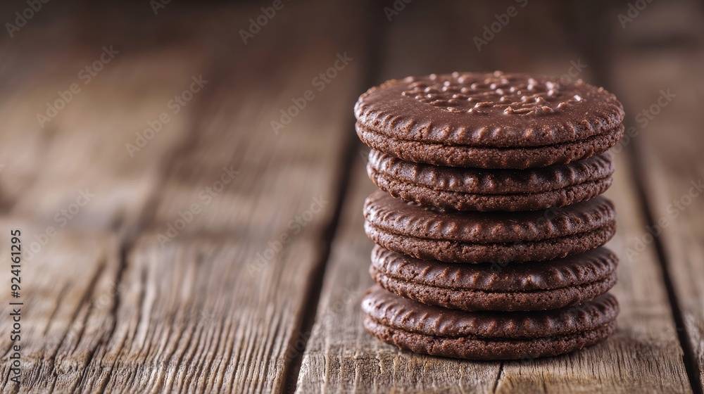 A stack of sandwich cookies with chocolate against a rustic wooden backdrop. a focused selection. shallow field of view A stack of sandwich cookies with chocolate against a rustic wooden backdrop. a focused selection. shallow field of view