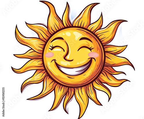 Cartoon smiling sun on white background.