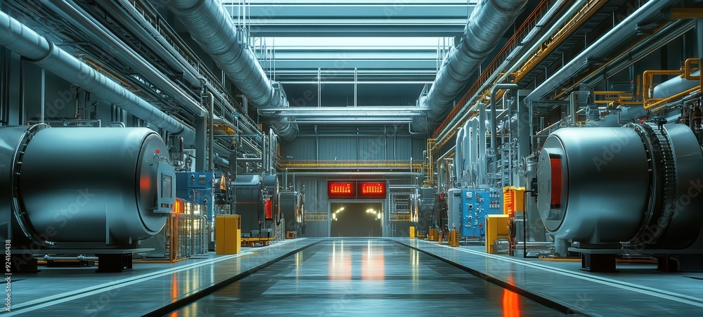 A vast industrial boiler room with towering boilers A vast industrial boiler room with towering boilers