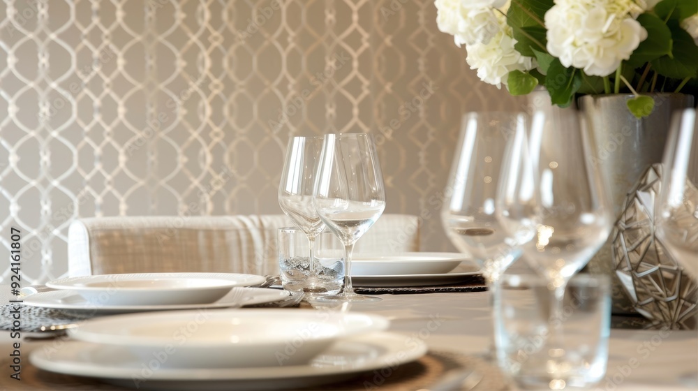 A modern twist on traditional dining room decor is achieved with the geometric patterned fabric wallcoverings in this stylish room. A modern twist on traditional dining room decor is achieved with the geometric patterned fabric wallcoverings in this stylish room.
