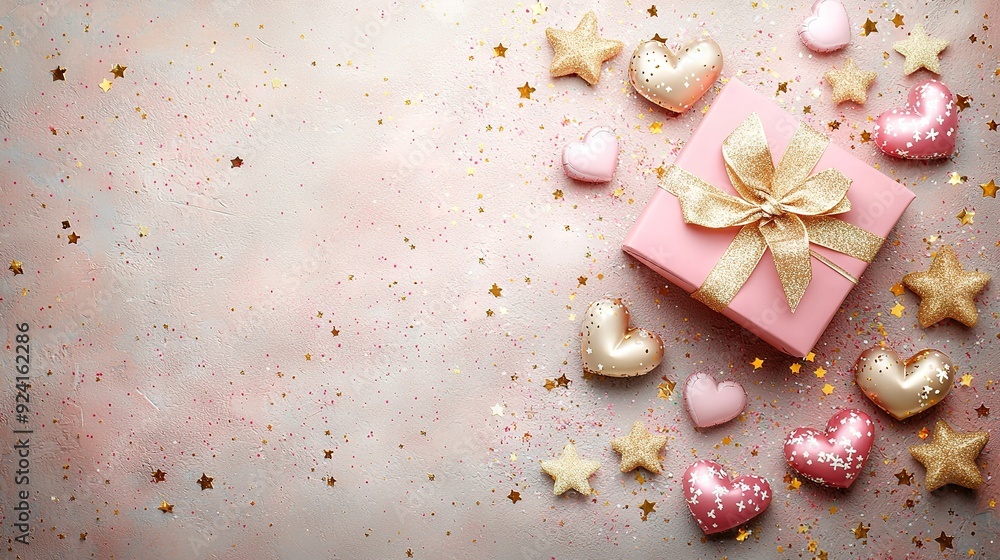 Pink gift box with gold bow and confetti, surrounded by stars on pink and gold background Pink gift box with gold bow and confetti, surrounded by stars on pink and gold background