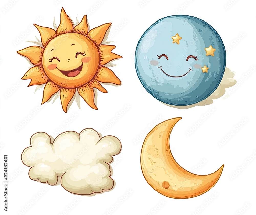 Cartoon sun, moon and cloud smiling isolated on white background. Cartoon sun, moon and cloud smiling isolated on white background.