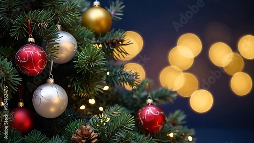 Design of pine trees and ornaments with bokeh light make christmas related abstract background