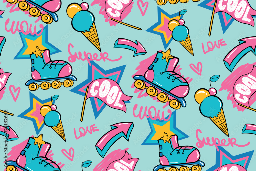 Roller skates seamless pattern with stars, arrows, lettering text on blue background. Girlish ornament for sport textile, wrapping paper. Roller skates seamless pattern with stars, arrows, lettering text on blue background. Girlish ornament for sport textile, wrapping paper.
