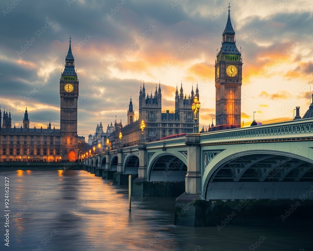 Naklejka premium Iconic View of Big Ben and Westminster Bridge at Sunset, London - Stunning Urban Landscape Photography
