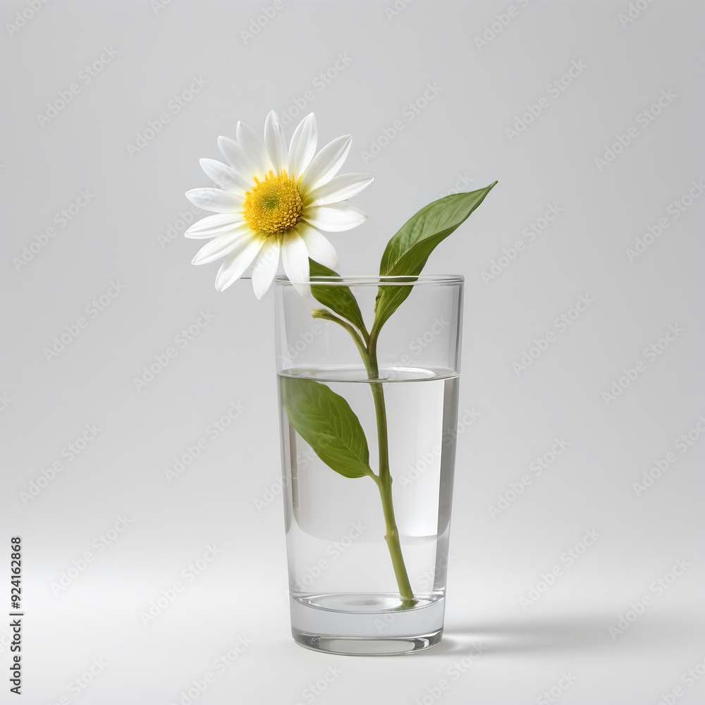Single beautiful daisy flower in a clear vase on white background. Single beautiful daisy flower in a clear vase on white background.