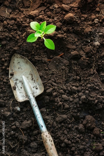 Close up photo of a shovel and sprouting plant in the soil. Gardening photo.  photo