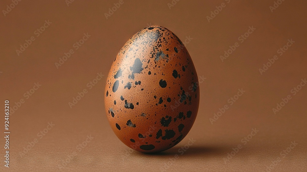 A brown egg sits atop a brown table beside a speckled black and white egg A brown egg sits atop a brown table beside a speckled black and white egg