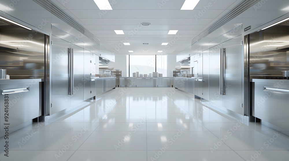 Modern Industrial Kitchen Interior With Kitchen Utensils, Equipment And Bakery Products Modern Industrial Kitchen Interior With Kitchen Utensils, Equipment And Bakery Products