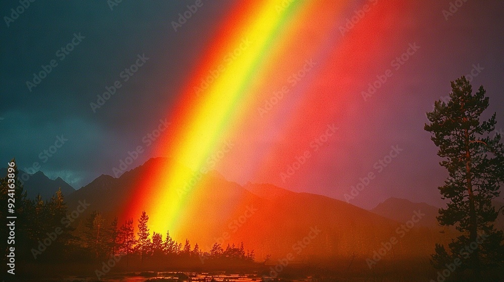 A vibrant rainbow illuminates the blue sky above a serene lake, set against picturesque mountains, tree-lined shoreline, and ominous dark clouds in the distance A vibrant rainbow illuminates the blue sky above a serene lake, set against picturesque mountains, tree-lined shoreline, and ominous dark clouds in the distance