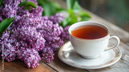 A wooden table with a teapot and a cup of lilac tea. lilac branches in full bloom. Warm, healthful spring tea