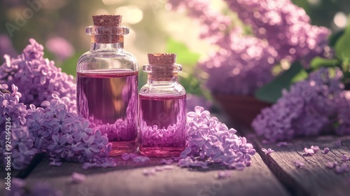 Natural essential oil bottles made from lilac flowers rest on a wooden surface. macro-focused selective attention. vintage toning