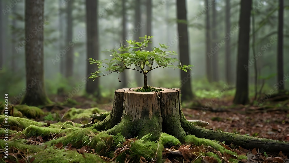 Little green sprout came out of a dead tree trunk, represent growth and overcoming the problems in hard times, green jungle landscape with tall trees Little green sprout came out of a dead tree trunk, represent growth and overcoming the problems in hard times, green jungle landscape with tall trees