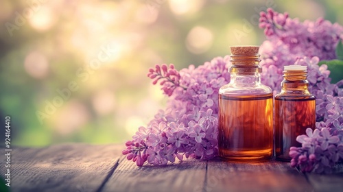 Natural essential oil bottles made from lilac flowers rest on a wooden surface. macro-focused selective attention. vintage toning