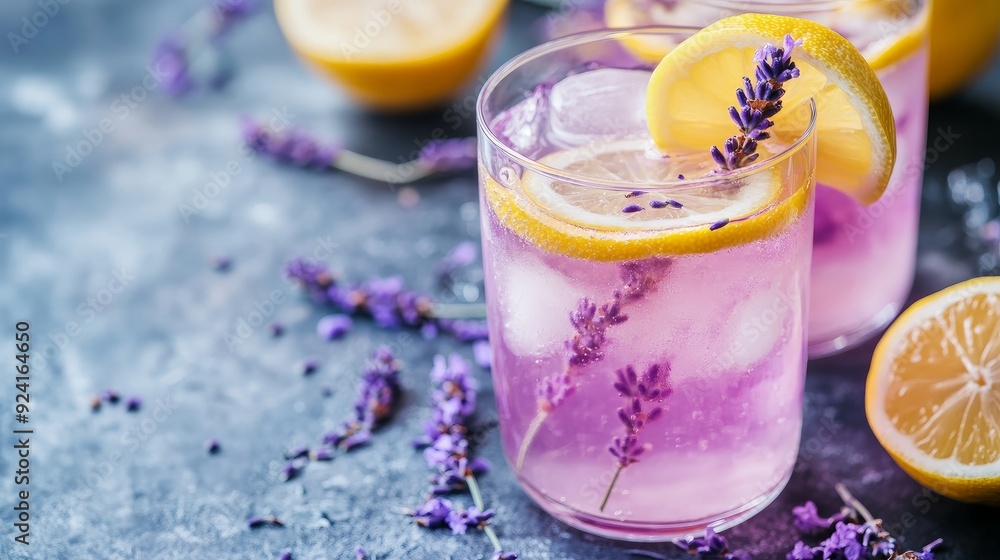 Refreshing lavender homemade lemonade adorned with lavender flowers and lemon slices. Drink a healthy organic summer soda. Clean up water. Eat a non-alcoholic coctail Refreshing lavender homemade lemonade adorned with lavender flowers and lemon slices. Drink a healthy organic summer soda. Clean up water. Eat a non-alcoholic coctail