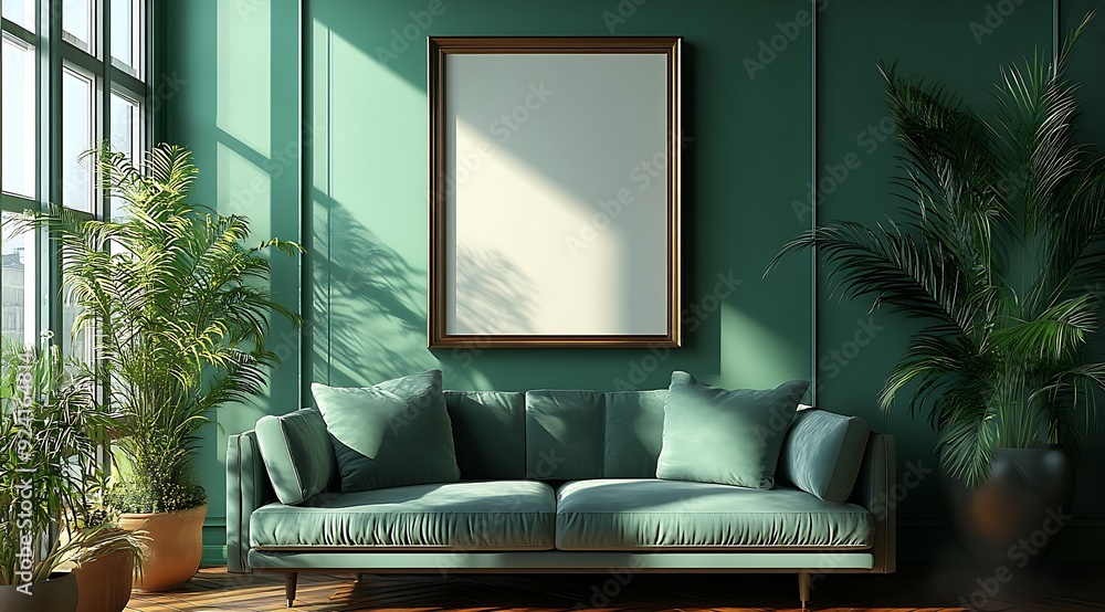 Fototapeta premium Picture frame mock-up in the interior of a modern living room on a green wall design with a sofa and a plant in a vase, transparent wall art mockup design 