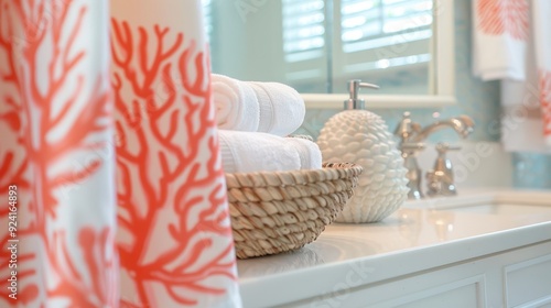 Brighten up your morning routine in this beachy bathroom with a coral shower curtain and seashellshaped soap dispensers. photo