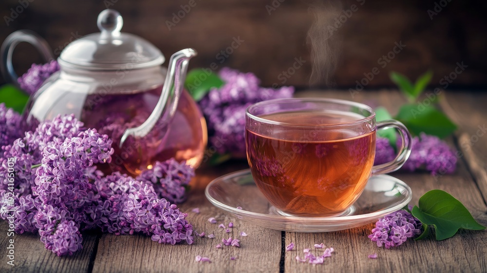 lilac tea in a cup on a wooden table. glass teapot with purple lilac blossoming branches lilac tea in a cup on a wooden table. glass teapot with purple lilac blossoming branches