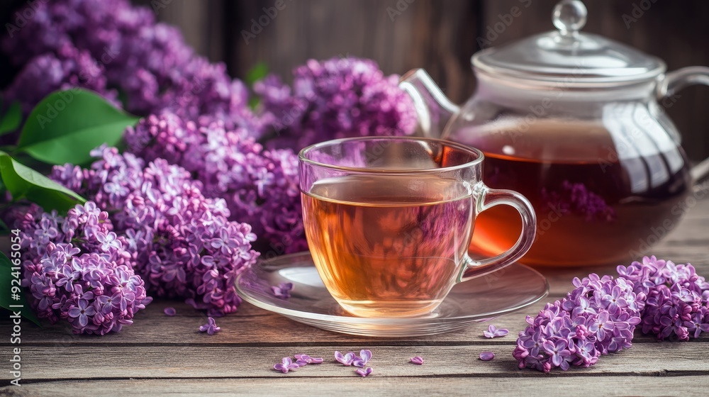 lilac tea in a cup on a wooden table. glass teapot with purple lilac blossoming branches lilac tea in a cup on a wooden table. glass teapot with purple lilac blossoming branches