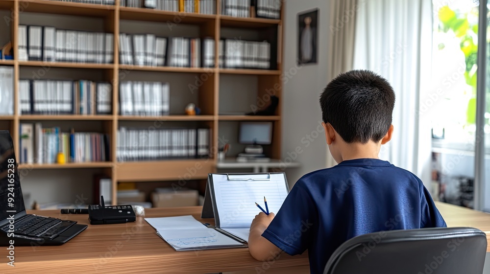 A focused Asian boy in a white t-shirt draws attentively with crayons at his desk, bringing his imagination to life on paper