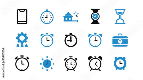 Set of flat icons related to timekeeping. Includes timer, watch, alarm, schedule.