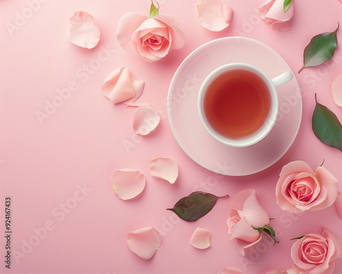 Elegant Tea Cup and Pink Roses on Pastel Pink Background, Perfect for a Romantic Afternoon Tea Setting