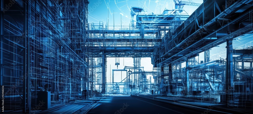 Industrial steel framework, with blue blueprint elements and construction diagrams Industrial steel framework, with blue blueprint elements and construction diagrams