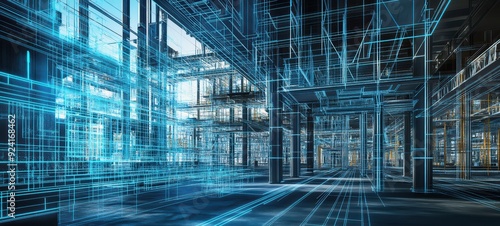 Wallpaper Mural Industrial steel framework, with blue blueprint elements and construction diagrams Torontodigital.ca