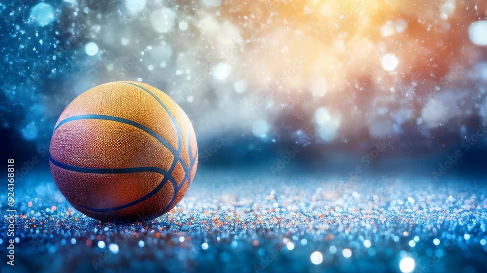 A basketball is sitting on a wet surface with a blurry background. The ball is red and shiny, and it is reflecting the light in the background. The scene has a dreamy, ethereal quality to it A basketball is sitting on a wet surface with a blurry background. The ball is red and shiny, and it is reflecting the light in the background. The scene has a dreamy, ethereal quality to it