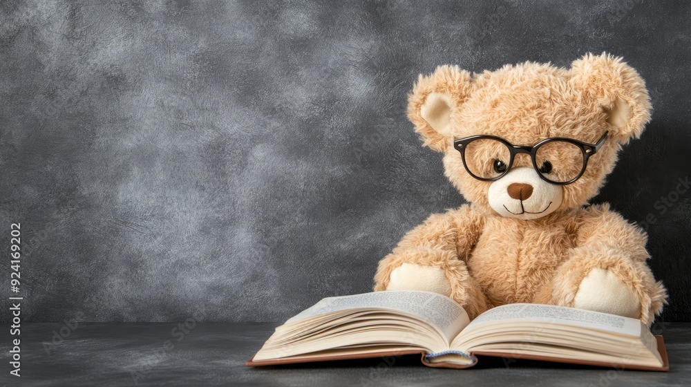 A teddy bear wearing glasses reads an open book on a table, symbolizing the joy of learning and the importance of education for children in a tranquil environment A teddy bear wearing glasses reads an open book on a table, symbolizing the joy of learning and the importance of education for children in a tranquil environment