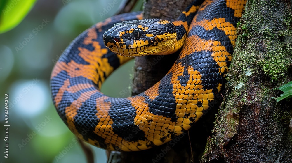 A black and yellow snake with its head tilted up and wrapped around a mossy tree trunk in a rainforest. A black and yellow snake with its head tilted up and wrapped around a mossy tree trunk in a rainforest.