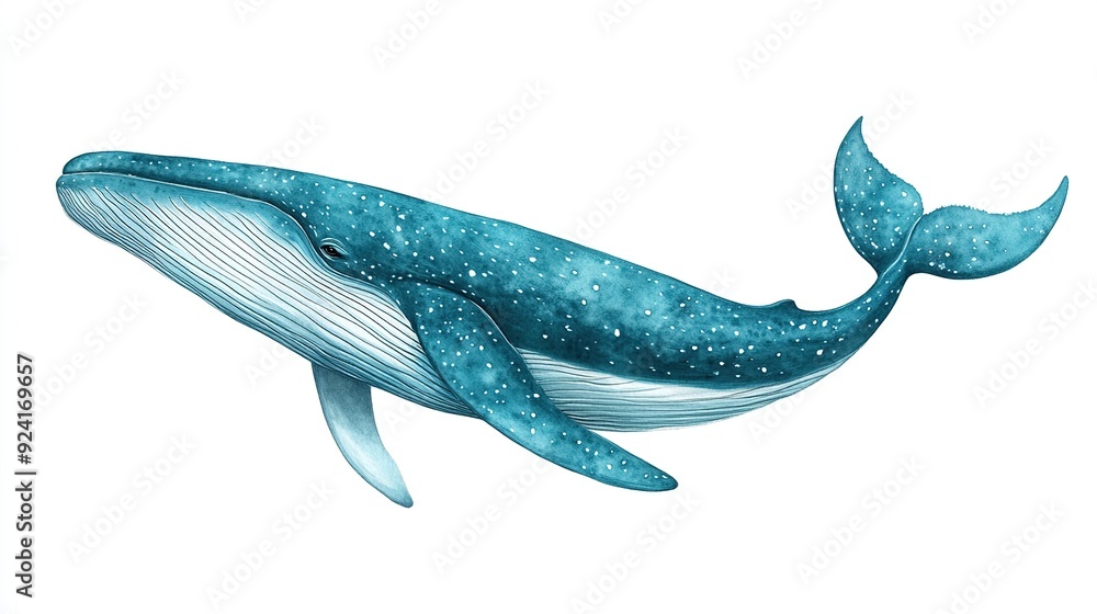 A blue whale with a spotted turquoise body is shown swimming through the water. It is depicted in watercolor with a light background. A blue whale with a spotted turquoise body is shown swimming through the water. It is depicted in watercolor with a light background.