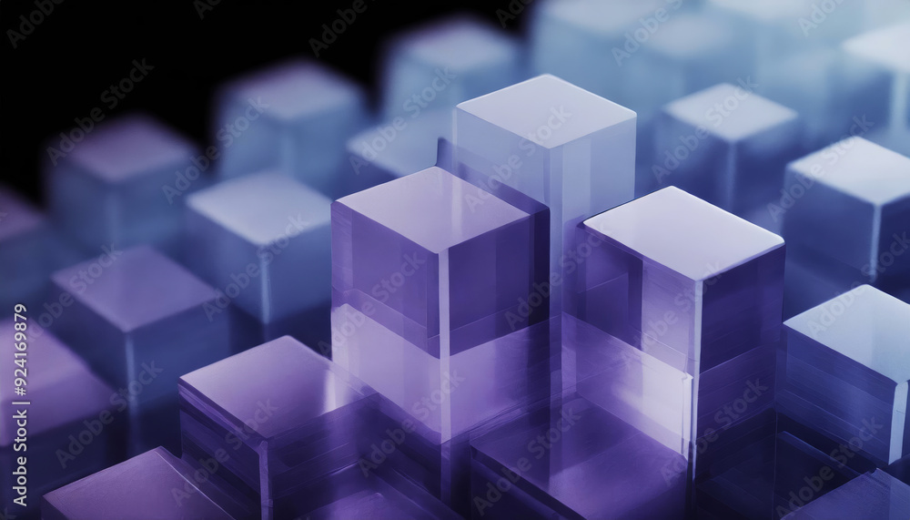 Abstract art of 3D render geometric transparent translucent future dusk, blue, purple, indigo cubes blocks, clear volumetric square shapes placed and piled up on dark black background. Abstract art of 3D render geometric transparent translucent future dusk, blue, purple, indigo cubes blocks, clear volumetric square shapes placed and piled up on dark black background.