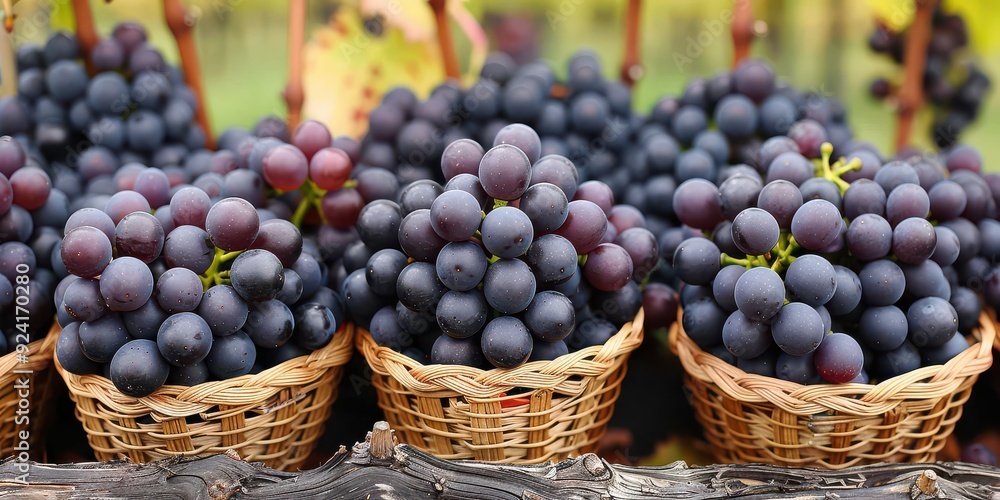 Baskets Overflowing with Freshly Harvested Black Grapes in a Scenic Vineyard Setting - Perfect for Wine Making or Enjoying Fresh Baskets Overflowing with Freshly Harvested Black Grapes in a Scenic Vineyard Setting - Perfect for Wine Making or Enjoying Fresh