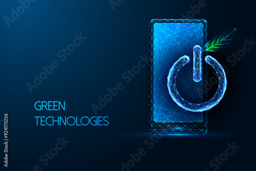 Green technologies abstract concept with smartphone with power button and green leaf on dark blue
