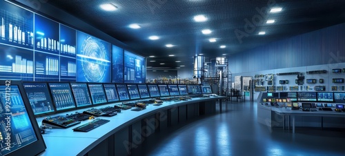 Water treatment facility's control room, featuring rows of monitors and control panels