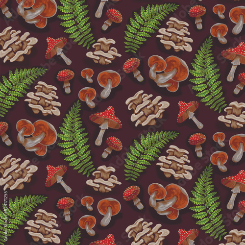 realistic mushroom forest pattern. fern gilled mushroom, oyster mushroom and fly-agaric