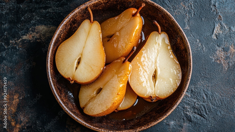 delicious pears in caramel. fruit dessert - caramelized pears in sweet caramel, dark background delicious pears in caramel. fruit dessert - caramelized pears in sweet caramel, dark background