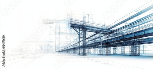 Double exposure illustration showing a steel infrastructure with an overlaid blueprint design