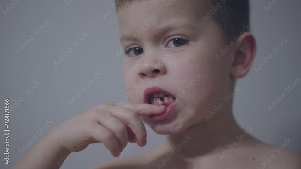 Boy close-up with open mouth revealing loose milk tooth carefree childhood experiences milk teeth. Close-up shot of boy proudly showing his loose milk tooth carefree childhood process of renewal Boy close-up with open mouth revealing loose milk tooth carefree childhood experiences milk teeth. Close-up shot of boy proudly showing his loose milk tooth carefree childhood process of renewal