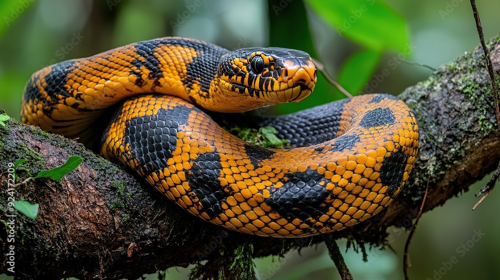 A close-up of a yellow and black snake with a textured pattern, wrapped around a mossy tree branch in a lush green forest. A close-up of a yellow and black snake with a textured pattern, wrapped around a mossy tree branch in a lush green forest.