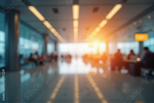 Blurred Modern Airport Hall: Spacious and Elegant Interior with Contemporary Design Elements and High Ceilings, Capturing the Essence of Air Travel and Airport Atmosphere