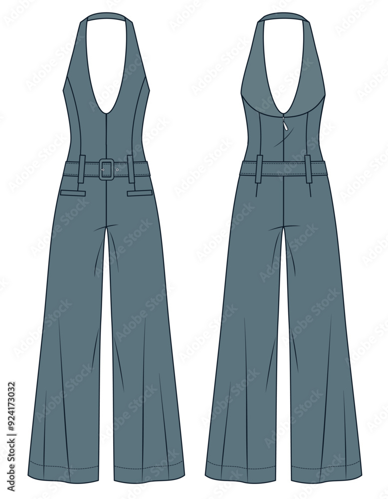 Wide Leg Jumpsuit technical fashion Illustration. Plunge Jumpsuit fashion flat technical drawing template, open back, pockets, back zipper, front and back view, grey, women, men, unisex CAD mockup. Wide Leg Jumpsuit technical fashion Illustration. Plunge Jumpsuit fashion flat technical drawing template, open back, pockets, back zipper, front and back view, grey, women, men, unisex CAD mockup.
