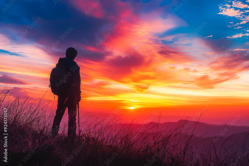 A lone hiker stands silhouetted against a vibrant sunset, admiring the beauty of nature after a long trek. A lone hiker stands silhouetted against a vibrant sunset, admiring the beauty of nature after a long trek.