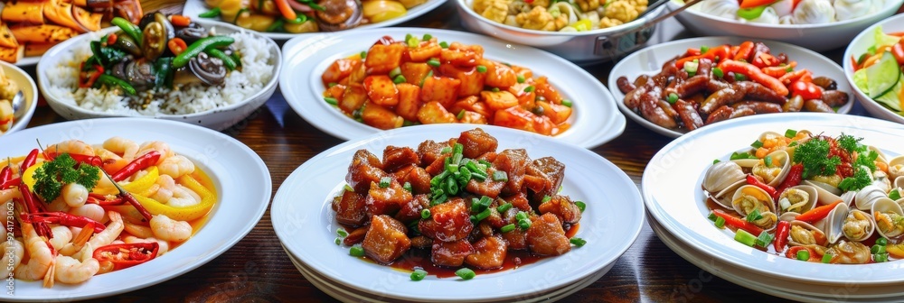 Variety of dishes displayed on a buffet table Variety of dishes displayed on a buffet table
