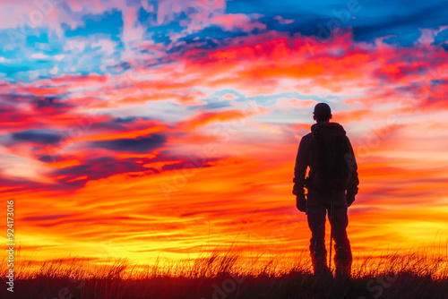 A lone hiker stands silhouetted against a vibrant sunset, admiring the beauty of nature after a long trek.